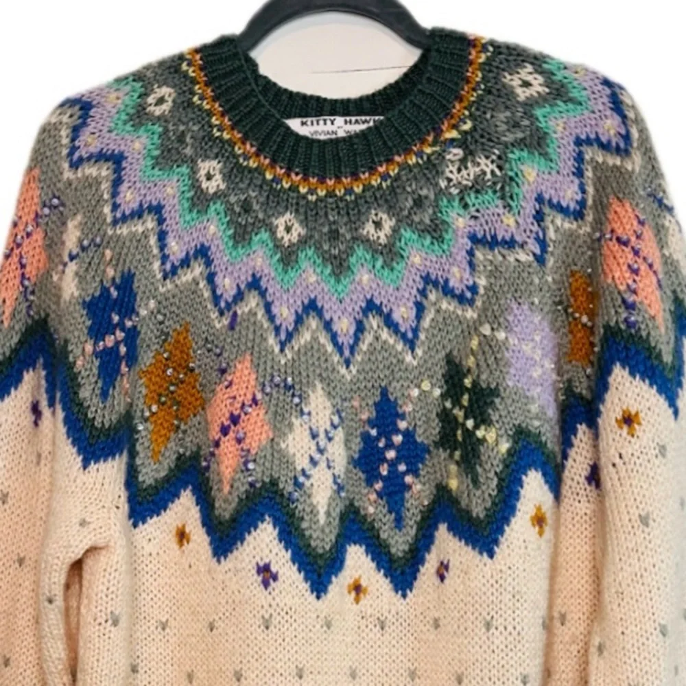 Gorgeous Vintage Nordic, ski lodge Handknit Wool blend Fair Isle sequins sweater - Picture 3 of 9